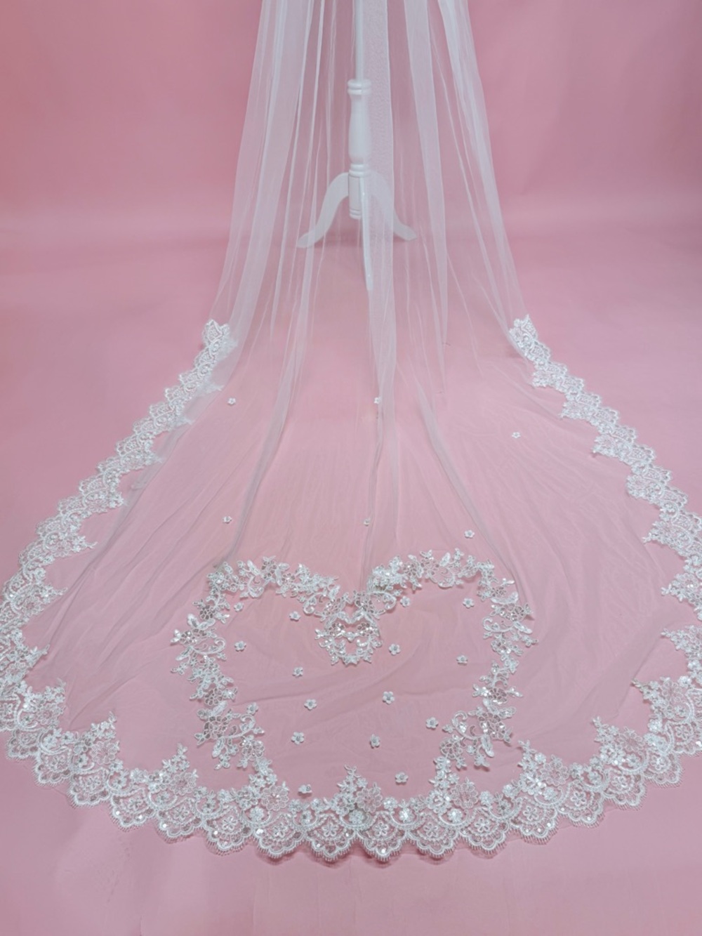 Long White Lace Edge Bridal Veil with Heart Motif